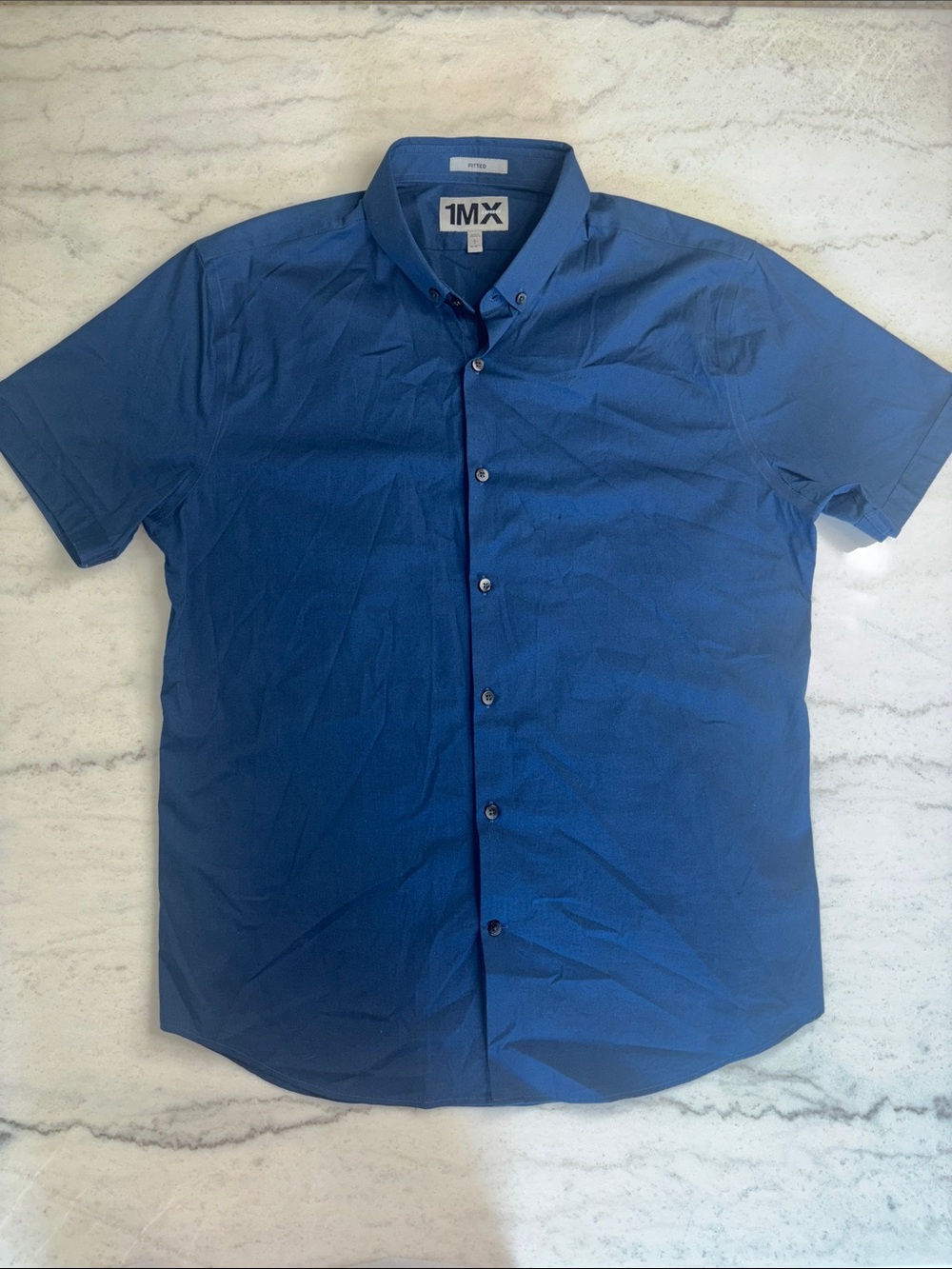 Express Slim Short Sleeve Cotton Stretch 1MX Dress Shirt NAVY LARGE
